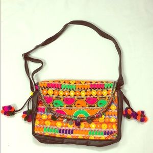 Multi colored embroidered leather shoulder bag